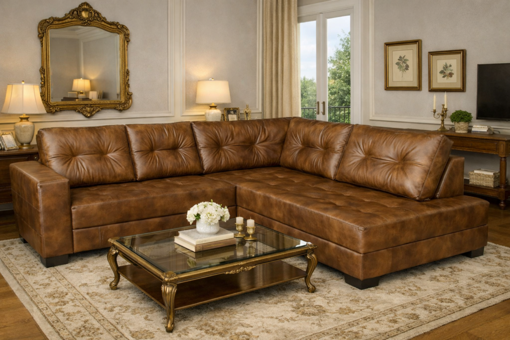 Sofá em couro com chaise lateral
